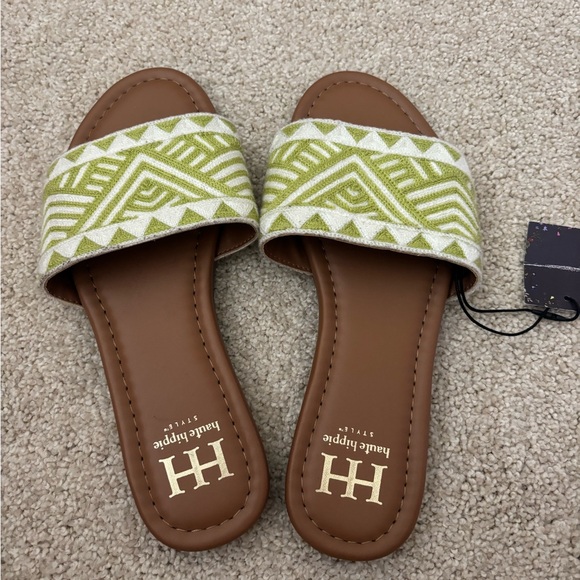 Haute Hippie Slides Sandals NEW US 7.5 Brat Green Aztec Tribal Woven Boho - Picture 1 of 7